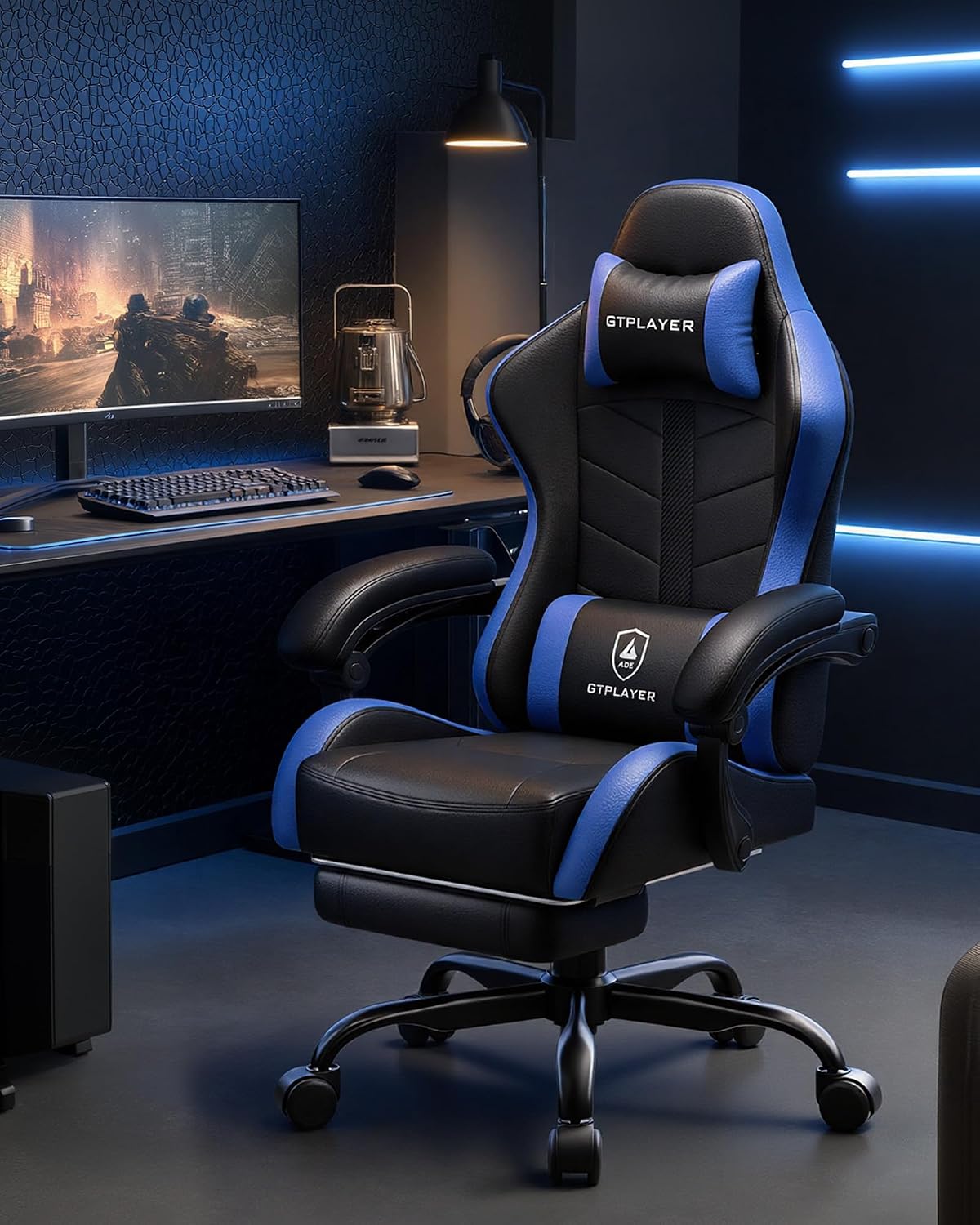 GTPLAYER Gaming Chair with Footrest, Computer Gaming Chair for Adults and Kids, Height Adjustable Gamer Chair with 90-155° Recline & Removable Headrest Lumbar Support, Dark Black-Blue