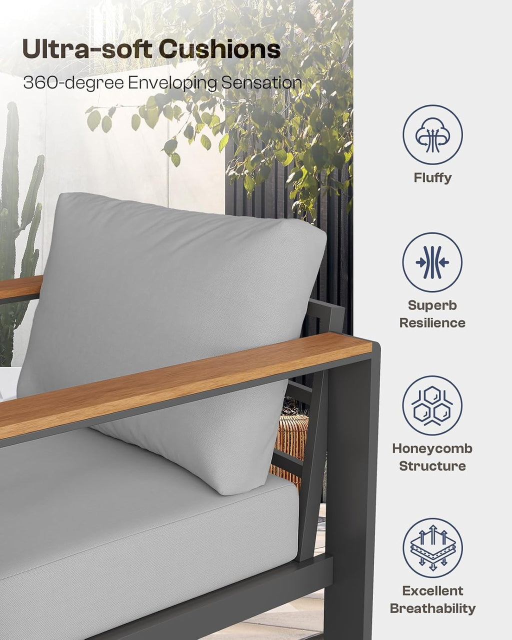 Aluminum Outdoor Patio Furniture Loveseat, All-Weather Outdoor Patio Sofa with Washable Thick Cushion, Patio Sofa Couch for Porch, Balcony, Deck, Yard, Gray