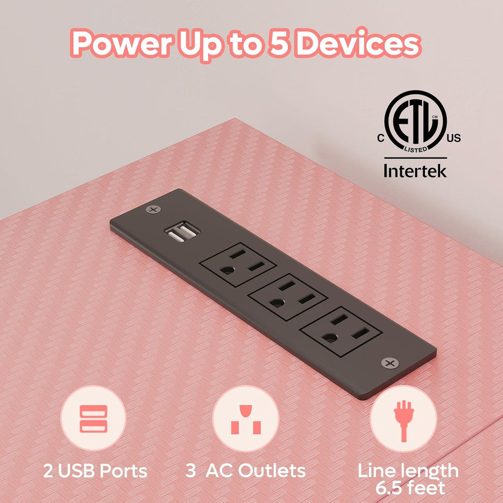 Bestier 52' Gaming Desk with Integrated Power Outlet & USB Ports, L-Shaped Computer Desk with LED Strip & Headphone Hooks, Perfect for Home Office Pink