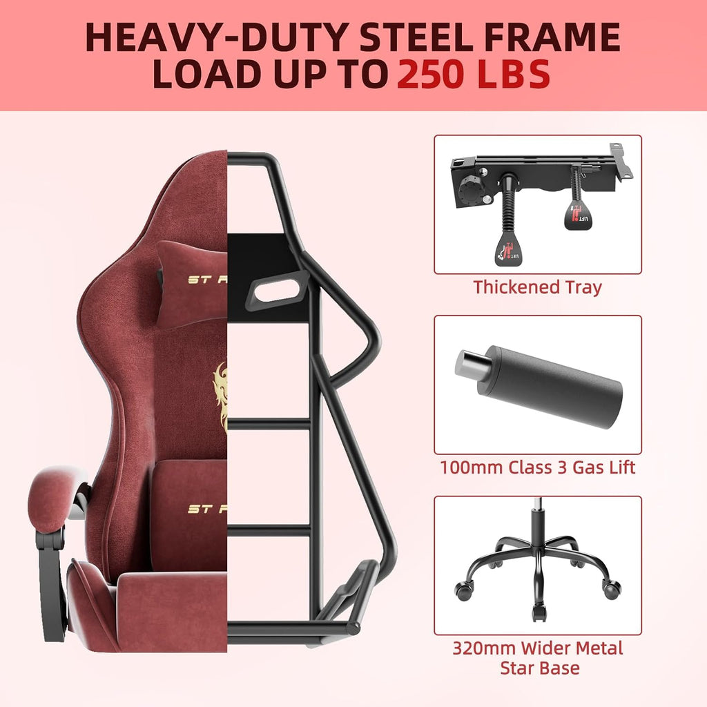 Ferghana Velvet Fabric Gaming Chair, High Back Ergonomic Gamer Chair for Adult, Comfortable Video Game Chair with Footrest and Massage Lumbar Cushion, Racing Reclining Office Computer Desk Chair Red
