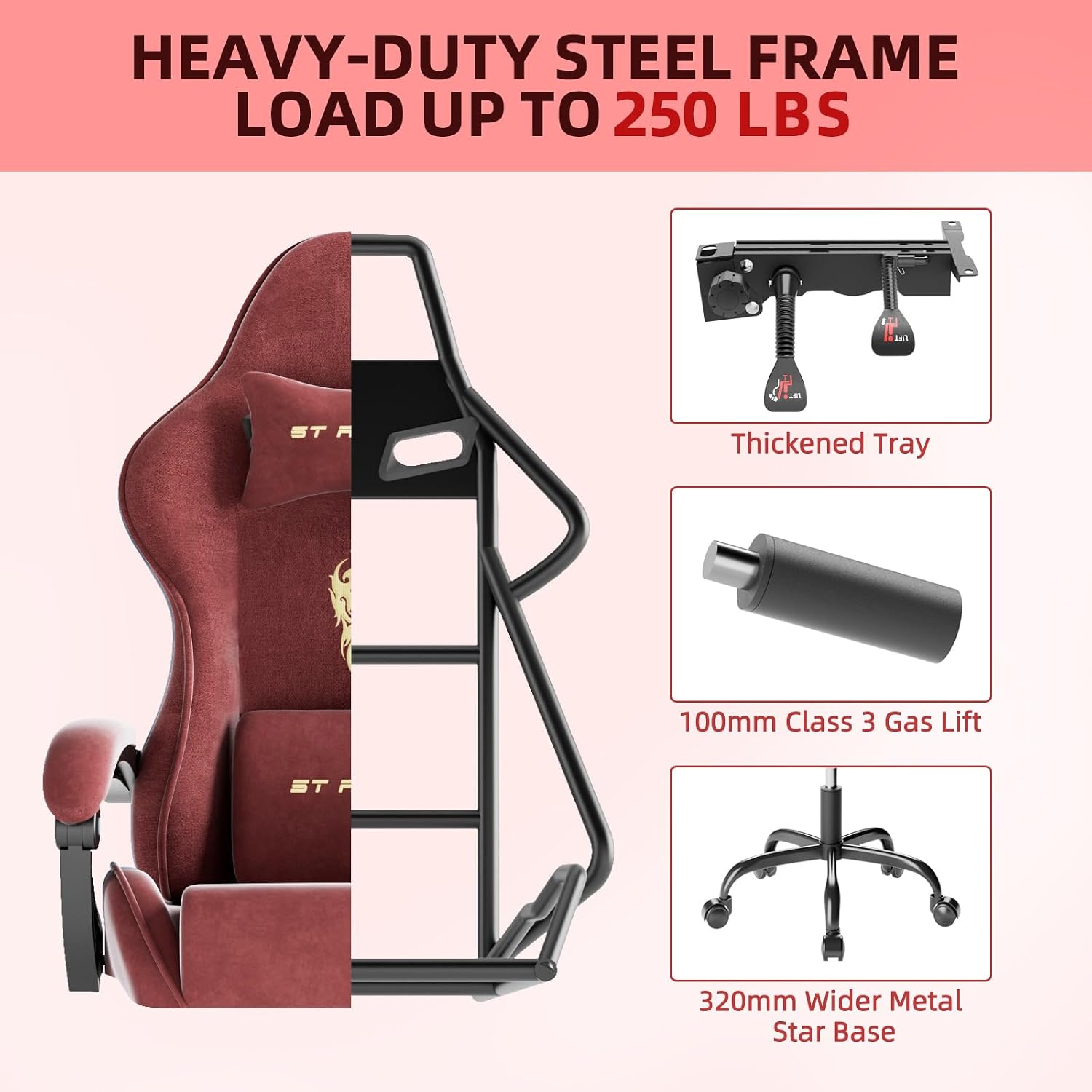Ferghana Velvet Fabric Gaming Chair, High Back Ergonomic Gamer Chair for Adult, Comfortable Video Game Chair with Footrest and Massage Lumbar Cushion, Racing Reclining Office Computer Desk Chair Red