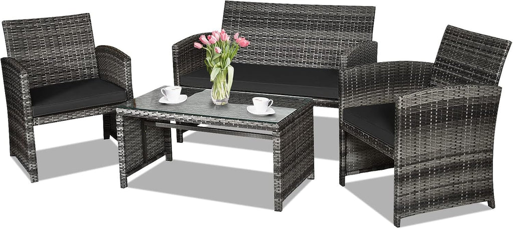 Goplus 4-Piece Rattan Patio Furniture Set, Outdoor Wicker Conversation Sofa with Weather Resistant Cushions and Tempered Glass Tabletop for Lawn Backyard Pool Garden (Black)