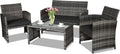 Goplus 4-Piece Rattan Patio Furniture Set, Outdoor Wicker Conversation Sofa with Weather Resistant Cushions and Tempered Glass Tabletop for Lawn Backyard Pool Garden (Black)