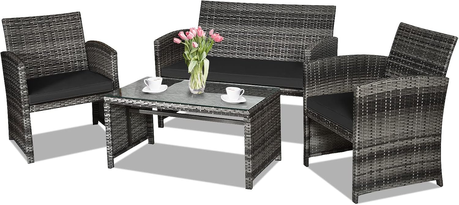 Goplus 4-Piece Rattan Patio Furniture Set, Outdoor Wicker Conversation Sofa with Weather Resistant Cushions and Tempered Glass Tabletop for Lawn Backyard Pool Garden (Black)