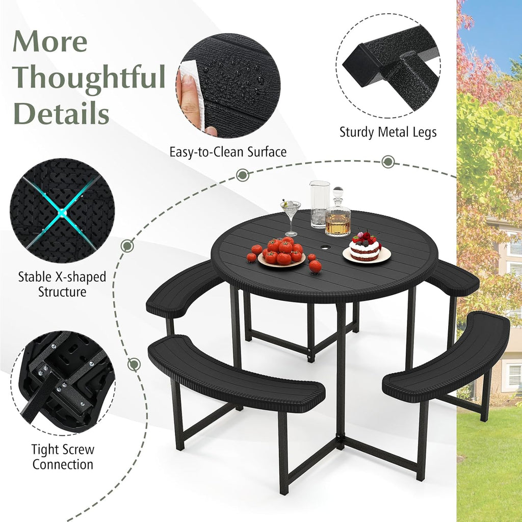 Giantex Picnic Table Bench Set for 4-8 Person, Round 37' Outdoor Dining Table w/Umbrella Hole, HDPE Tabletop, Metal Frame, Patio Furniture Set for Backyard Porch Lawn, 1400lb Capacity (Black,Round)