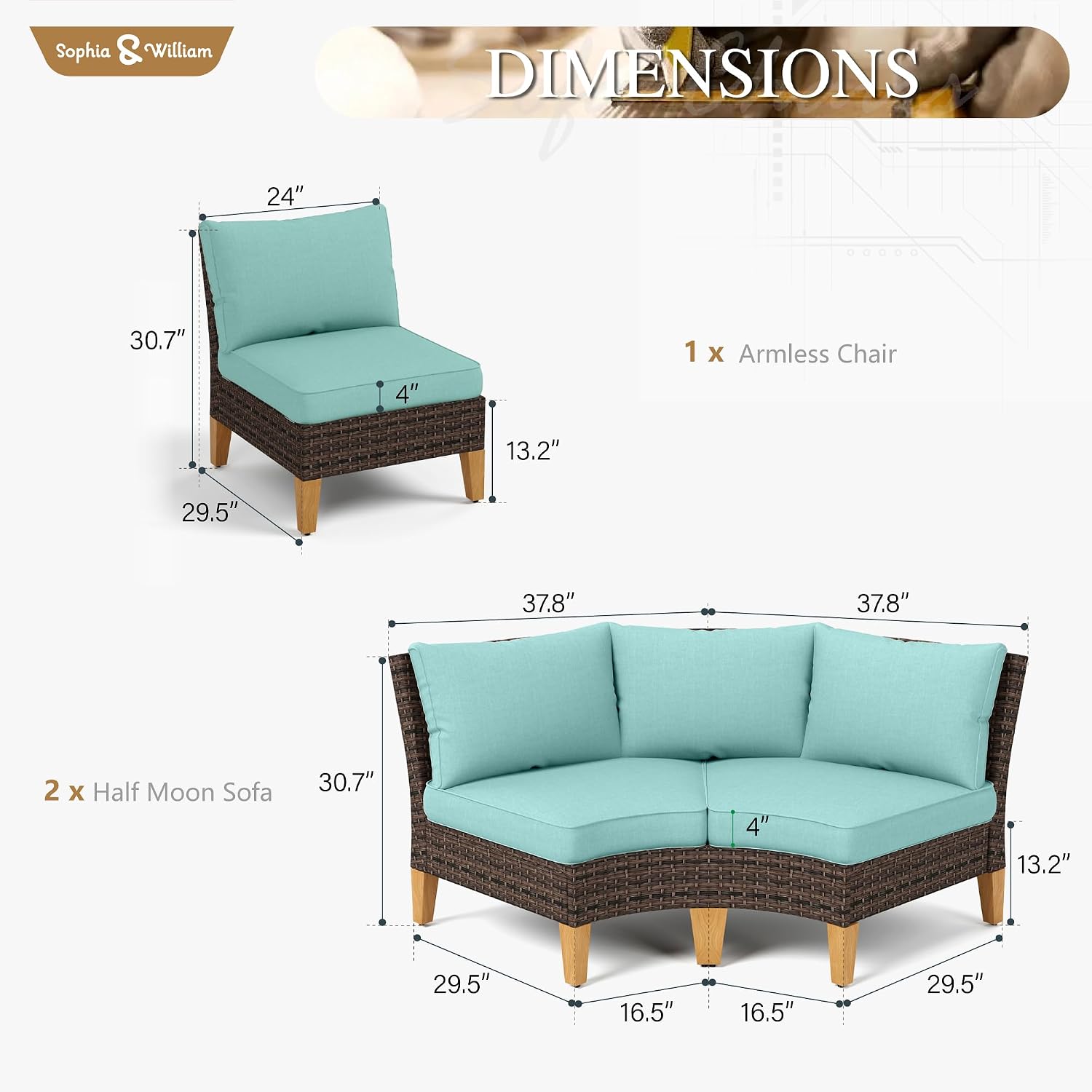 Sophia & William Patio Furniture Set, 5 Piece Half Moon Outdoor Wicker Sectional Sofa Set, Rattan Conversation Set for Backyard, Deck, Pool(Aqua Blue)