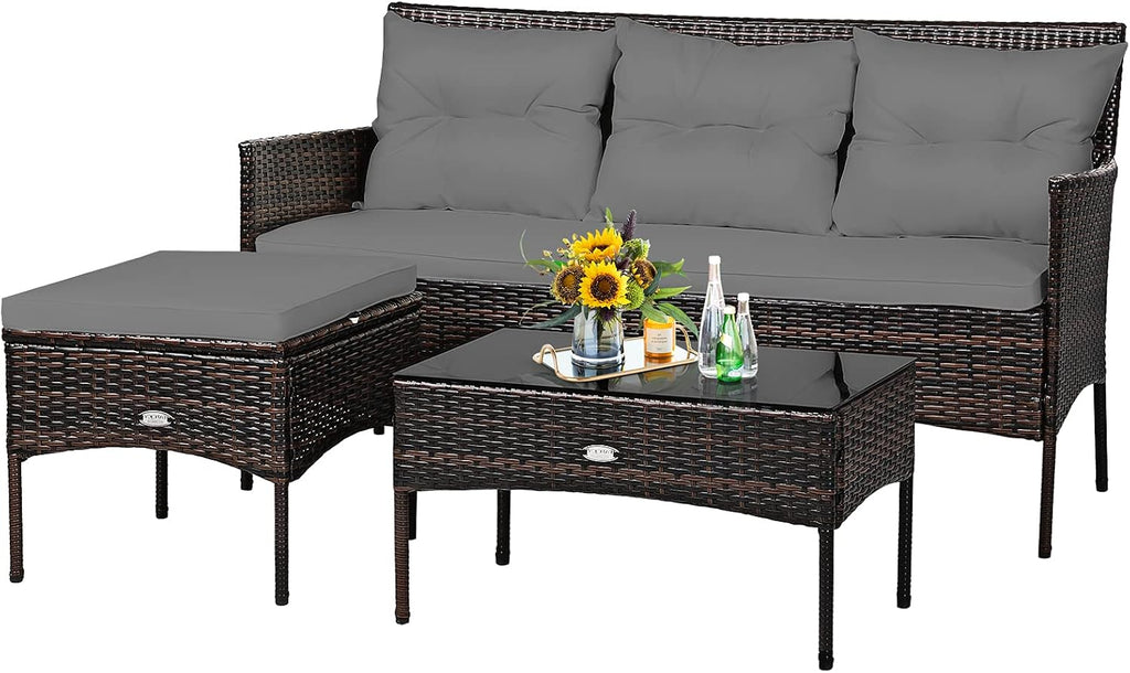 Tangkula 3 Pieces Patio Conversation Set, All Weather Outdoor PE Rattan Wicker Furniture Set with Padded Cushions, Tempered Glass Coffee Table, for Poolside, Backyard, Garden (Gray)