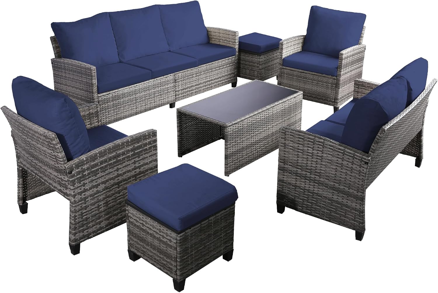 FHFO 7 Piece Patio Furniture Set, Outdoor Sectional Furniture Wicker Conversation Sofa Set, Includes 3-Seater Sofa, Loveseat, Single Sofa, Tempered Glass Coffee Table, Ottoman (Grey/Blue)