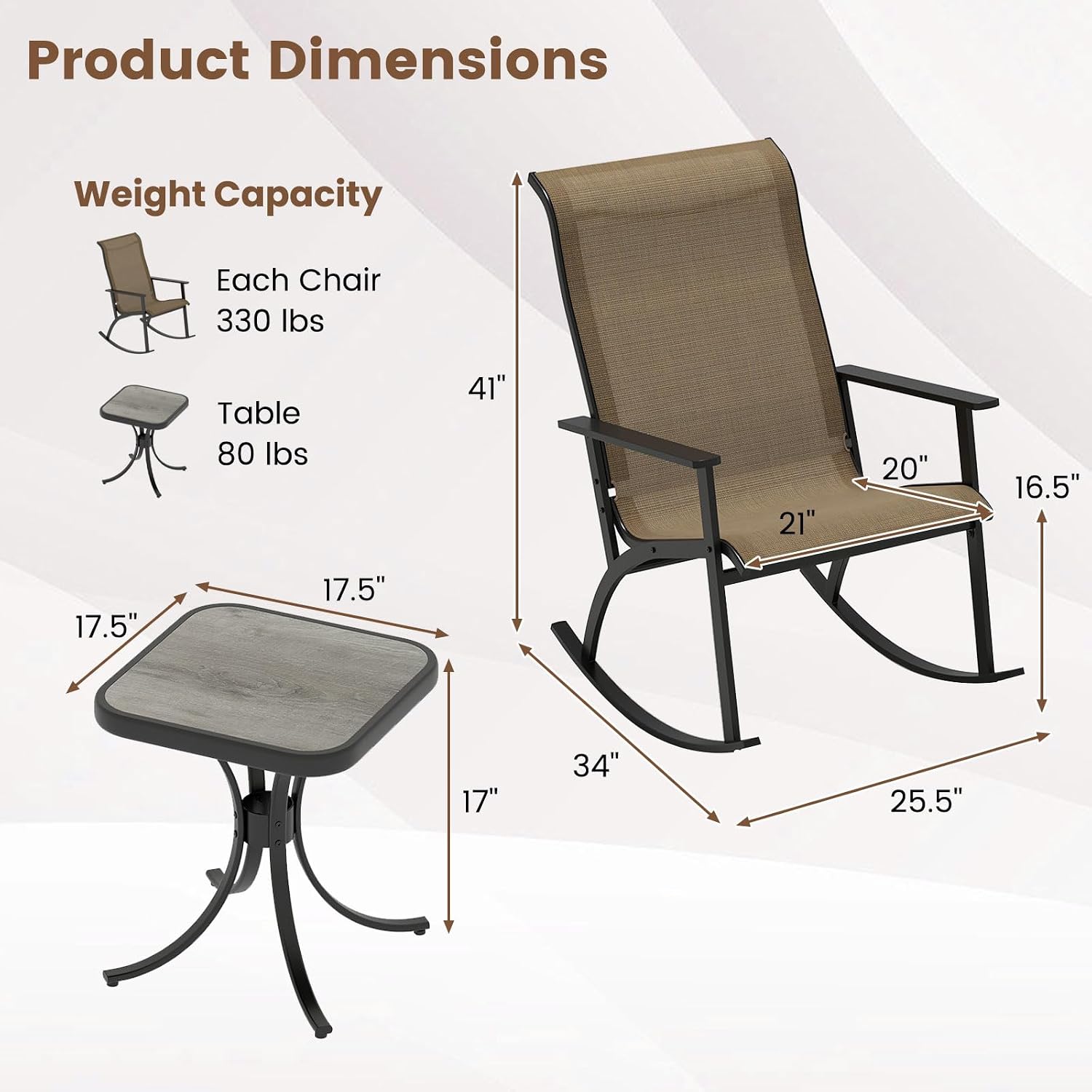 Giantex 3 Piece Rocking Bistro Set, Outdoor Patio Furniture Set with 2 Rocking Chairs & Coffee Table, Cozy Armrests, Heavy-Duty Metal Frame, for Balcony, Porch, Yard, Poolside (Brown)