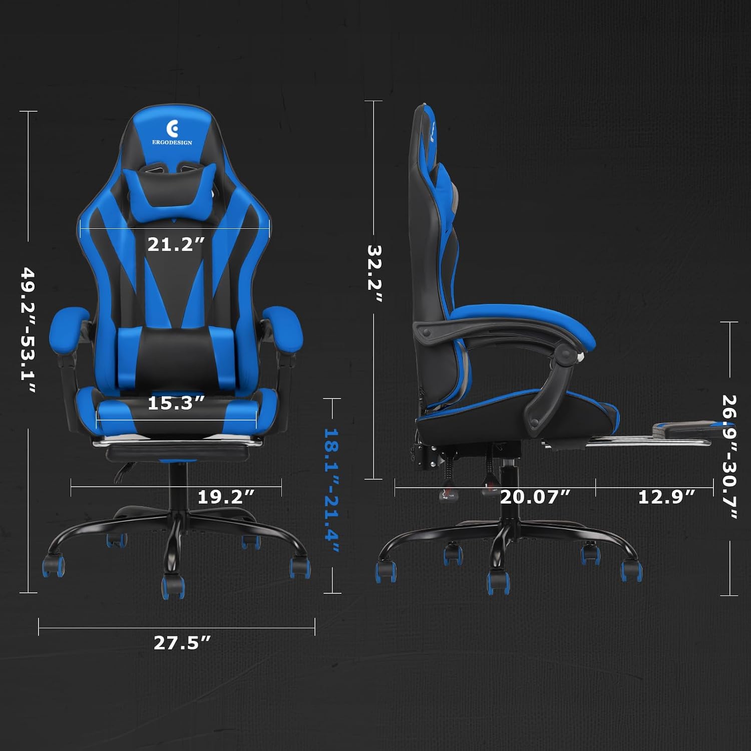 Gaming Chair with Linkage Armrest & Footrest, High Back Video Gaming Chair, Black/Blue