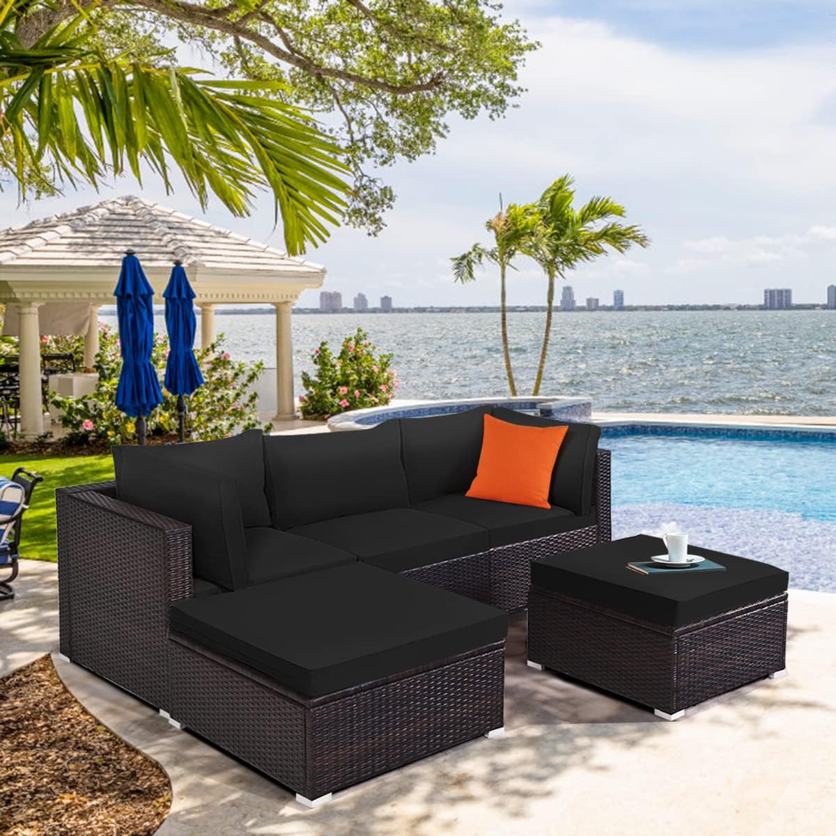 COSTWAY 5-Piece Outdoor Patio Furniture Set, Side Table, Ottoman and Lounge Sofa with Cushions, PE Rattan Conversation Set for Garden, Deck, Backyard (Black)