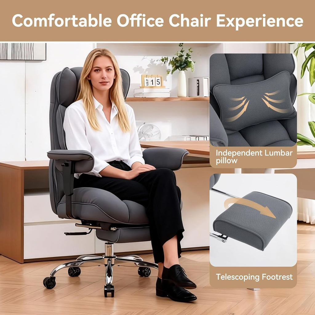 Efomao Big and Tall Office Chair with Footrest, 350lbs Heavy Duty Desk Chair, Extra Wide High Back Executive Office Chair for Long Hours, Reclining Home Office Chair with Breathable Fabric, Blue Grey