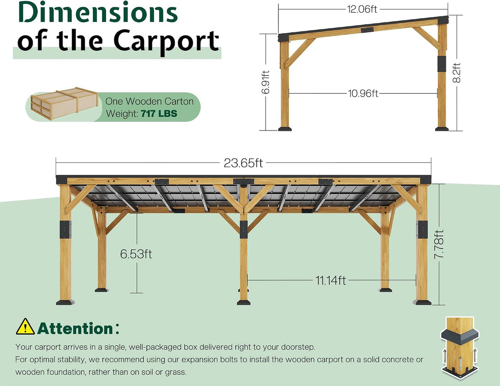 Jocisland 12x24x8.2 FT Cedar Wood Carport for 2 Cars, Heavy Duty Canopy Carport with Sloped Galvanized Steel Roof for All Weather, Permanent Shelter for Full-Sized Pickup Truck, Boat & Tractor