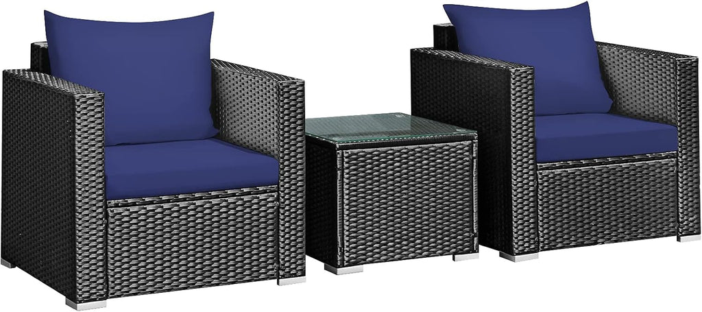 Tangkula 3 Pieces Patio Furniture Set, PE Rattan Wicker Sofa Set w/Washable Cushion and Tempered Glass Tabletop, Outdoor Conversation Furniture for Garden Poolside (Navy Blue)