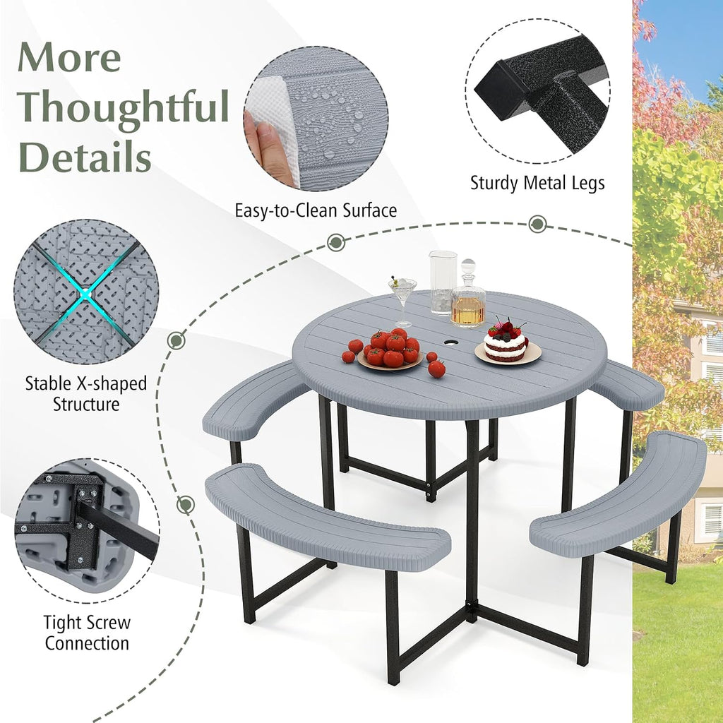 Giantex Picnic Table Bench Set for 4-8 Person, Round 37' Outdoor Dining Table w/Umbrella Hole, HDPE Tabletop, Metal Frame, Patio Furniture Set for Backyard Porch Lawn, 1400lb Capacity (Gray,Round)