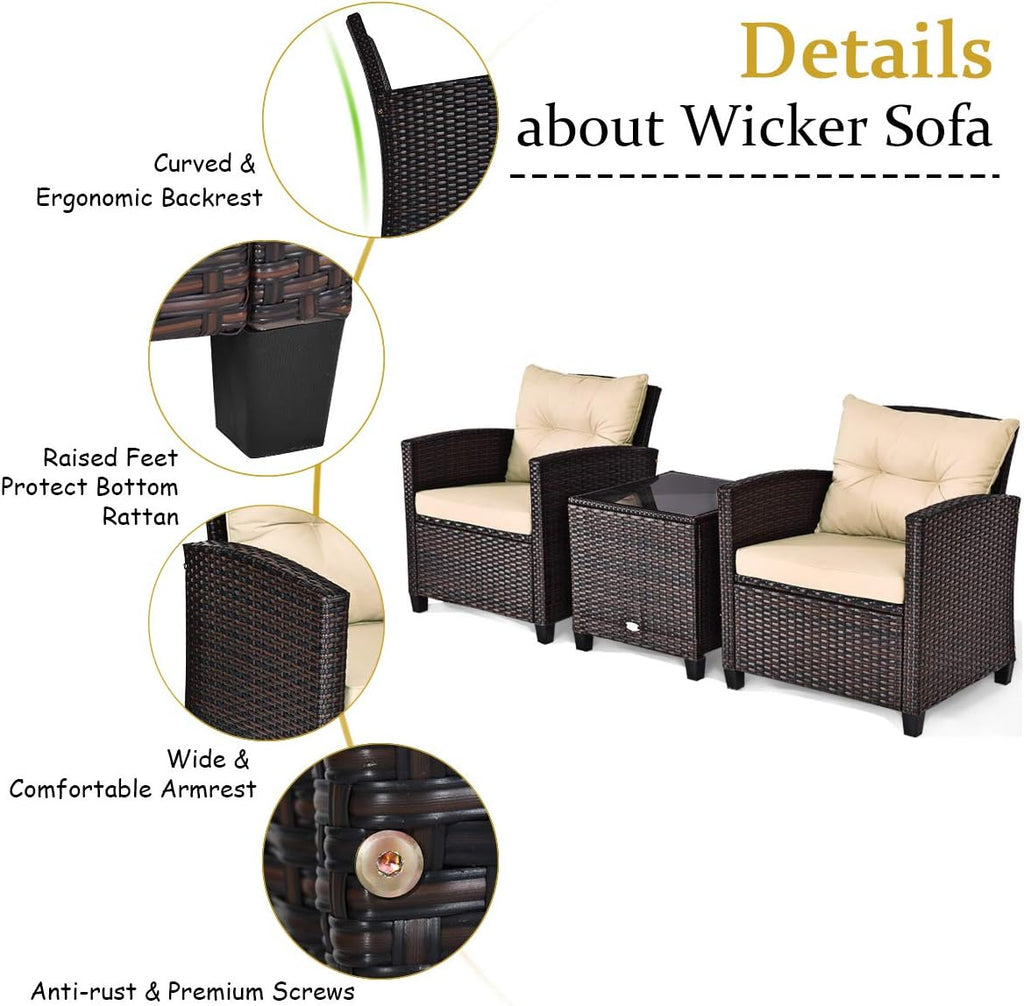COSTWAY 3PCS Patio Furniture Set, PE Rattan Wicker Sofa w/Washable Cushion and Coffee Table, Tempered Glass Tabletop, Outdoor Conversation Set for Balcony, Porch, Yard, Backyard, Lawn, Beige