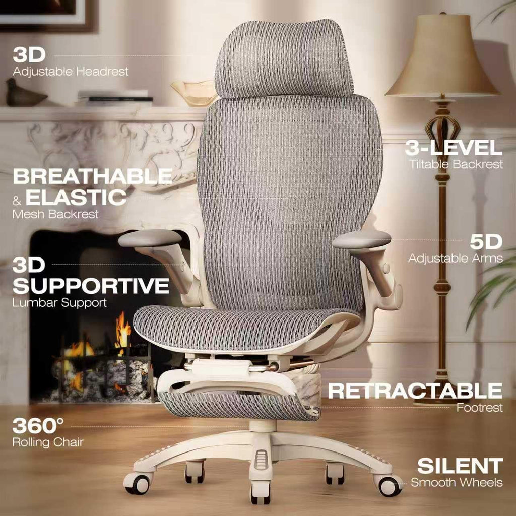 ELABEST X100 Ergonomic Mesh Office Chair with Footrest, Big and Tall Hone Desk Chair with 5D Flip-Up Arms, Adjustable 3D Lumbar Support,Gaming & Executive Computer Chairs (First Light)