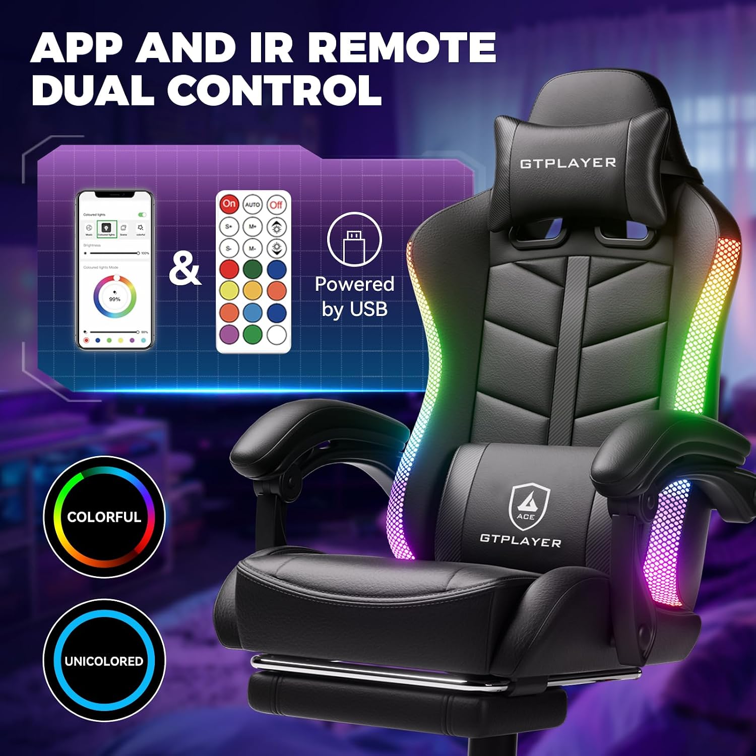 GTPLAYER RGB Gaming Chair with Footrest, Computer Gaming Chair with LED Lights for Adults, Height Adjustable PC Gamer Chair with 90-155° Recline & Removable Headrest Lumbar Support, RGB Black