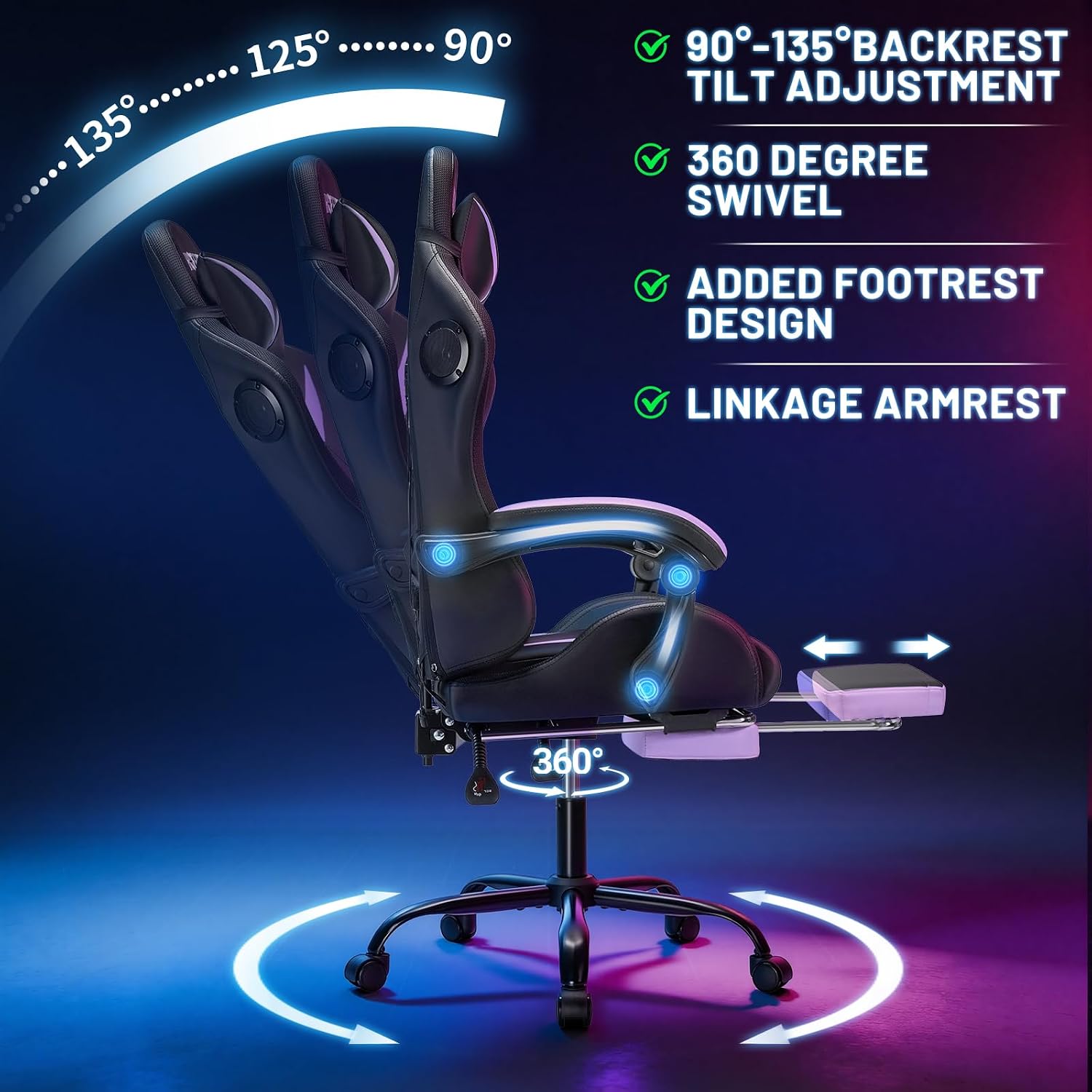 HOFFREE Gaming Chair Massage with Bluetooth Speakers and Led Lights Ergonomic Computer Gaming Chair with Footrest RGB Video Game Chair with High Back Lumbar Support Purple and Black