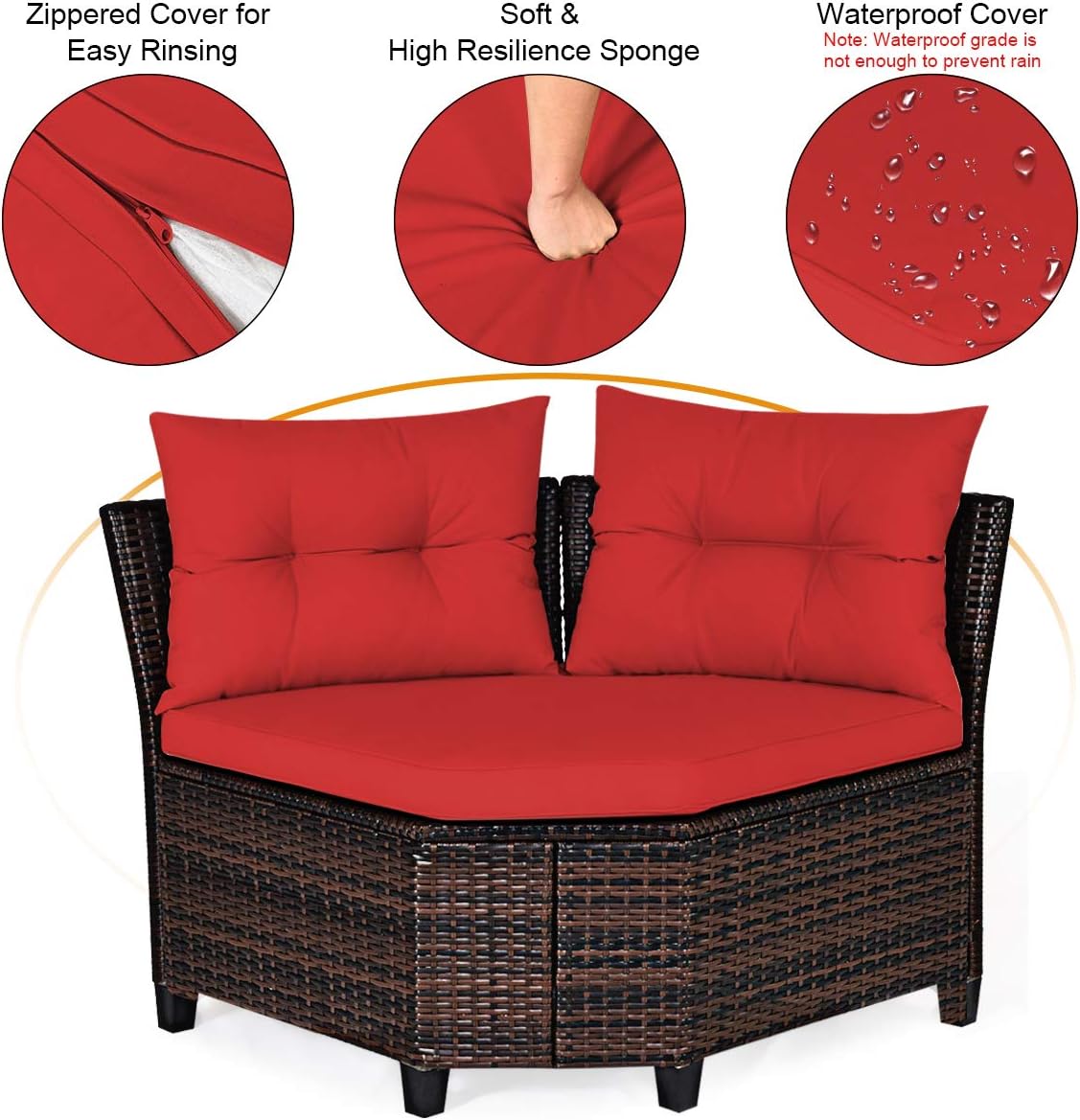 Tangkula 4-Piece C Shape Patio Furniture Set, Outdoor Corner Wicker Rattan Sectional Cushioned Sofa Set, with Glass Coffee Table, for Garden Poolside Balcony (Red)