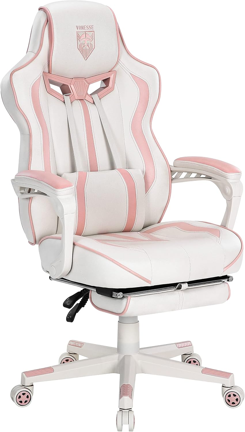 Vonesse Gaming Chair for Girls, Pink Computer Gaming Chairs for Adults, Reclining Gamer Chair with Footrest with Massage, Ergonomic Home Office Chair High Back (White/Pink)