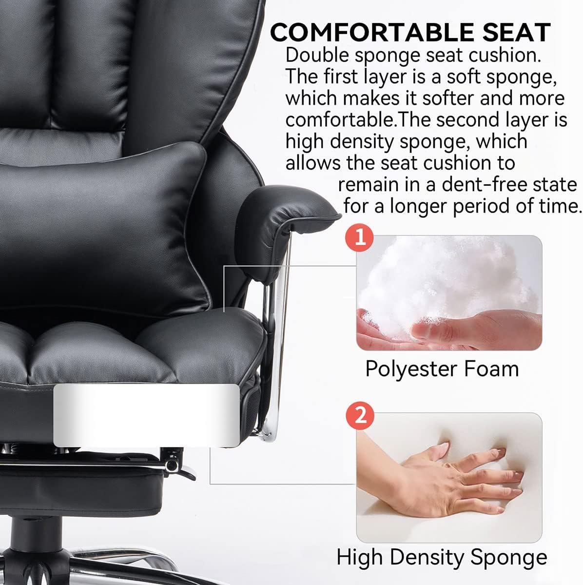 Efomao Big and Tall Office Chair with Foot Rest 400LBS, PU Leather Computer Chair, Heavy Duty Executive Office Chair with Lumbar Support, Black Home Office Chairs