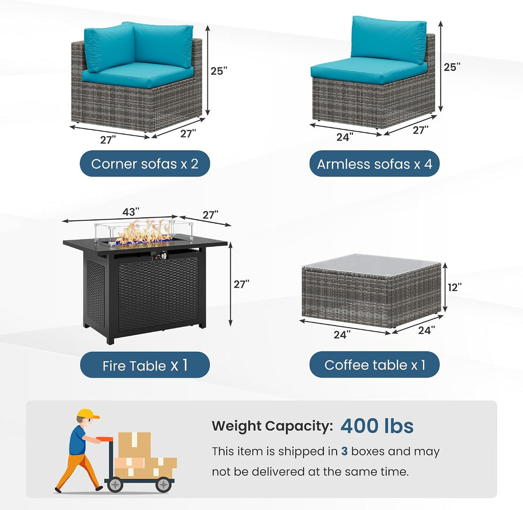8 Pieces Outdoor Patio Furniture Set with 43' Fire Pit Table, Wicker Outdoor Patio Sectional Sofas Coffee Table, All-Weather Patio Conversation Set with Cushions for Garden Backyard, Light Blue
