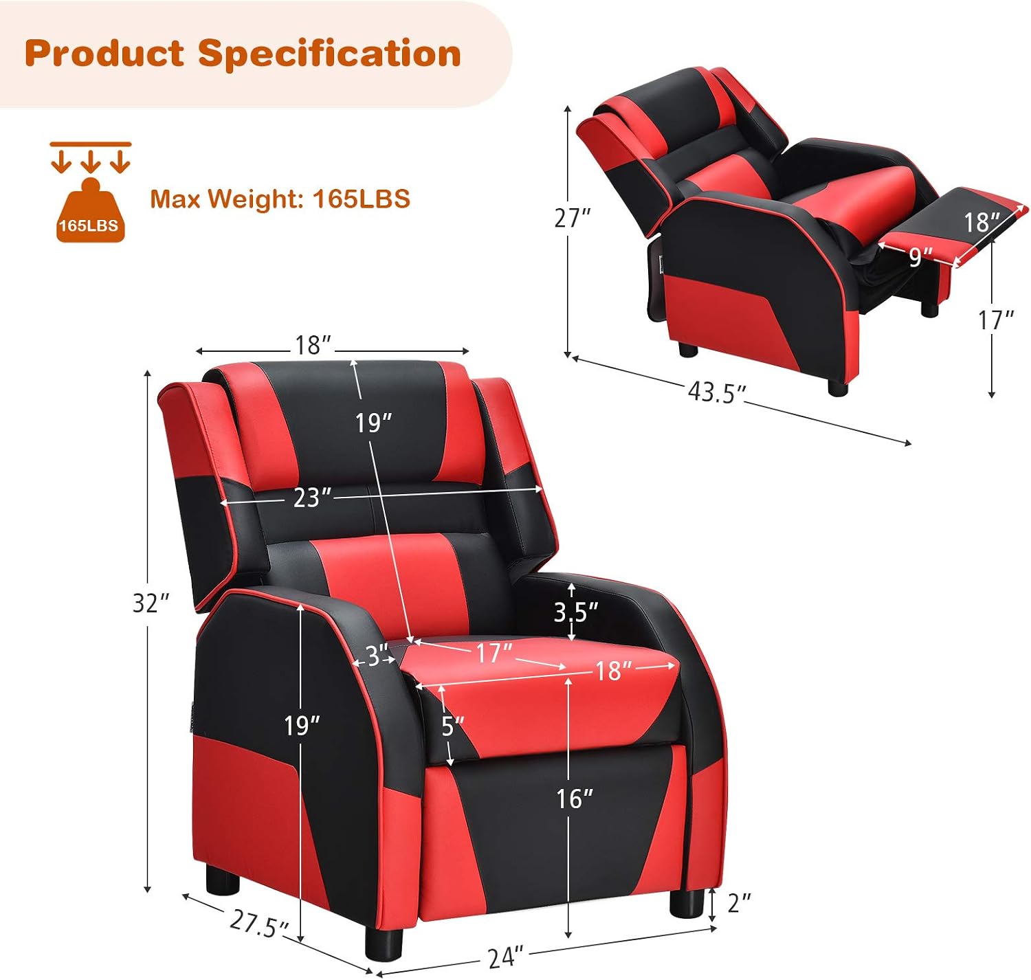 Giantex Kids Recliner, Gaming Recliner Chair with Footrest, Headrest & Lumbar Support, Ergonomic Leather Lounge Chair Toddler Furniture, Adjustable Racing Style Recliner Sofa for Boys Girls, Red