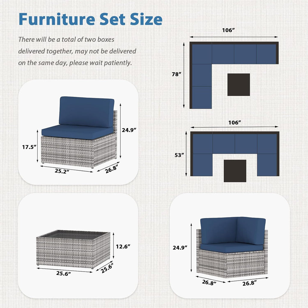 AECOJOY 7 Piece Outdoor Patio Furniture Set, Outdoor Sectional Conversation Furniture Chair with Coffee Table, Patio Sectional for Backyard, Garden(Navy Cushions and Grey PE Rattan)