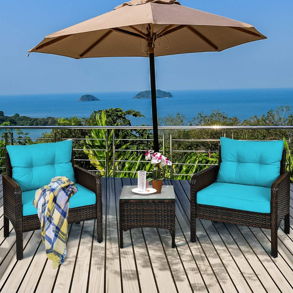 Tangkula 3 Piece Wicker Chairs with Glass Top Coffee Table, Thick Cushions, All Weather Garden Lawn Poolside Backyard Porch Outdoor Patio Furniture Set for 2 (Turquoise)