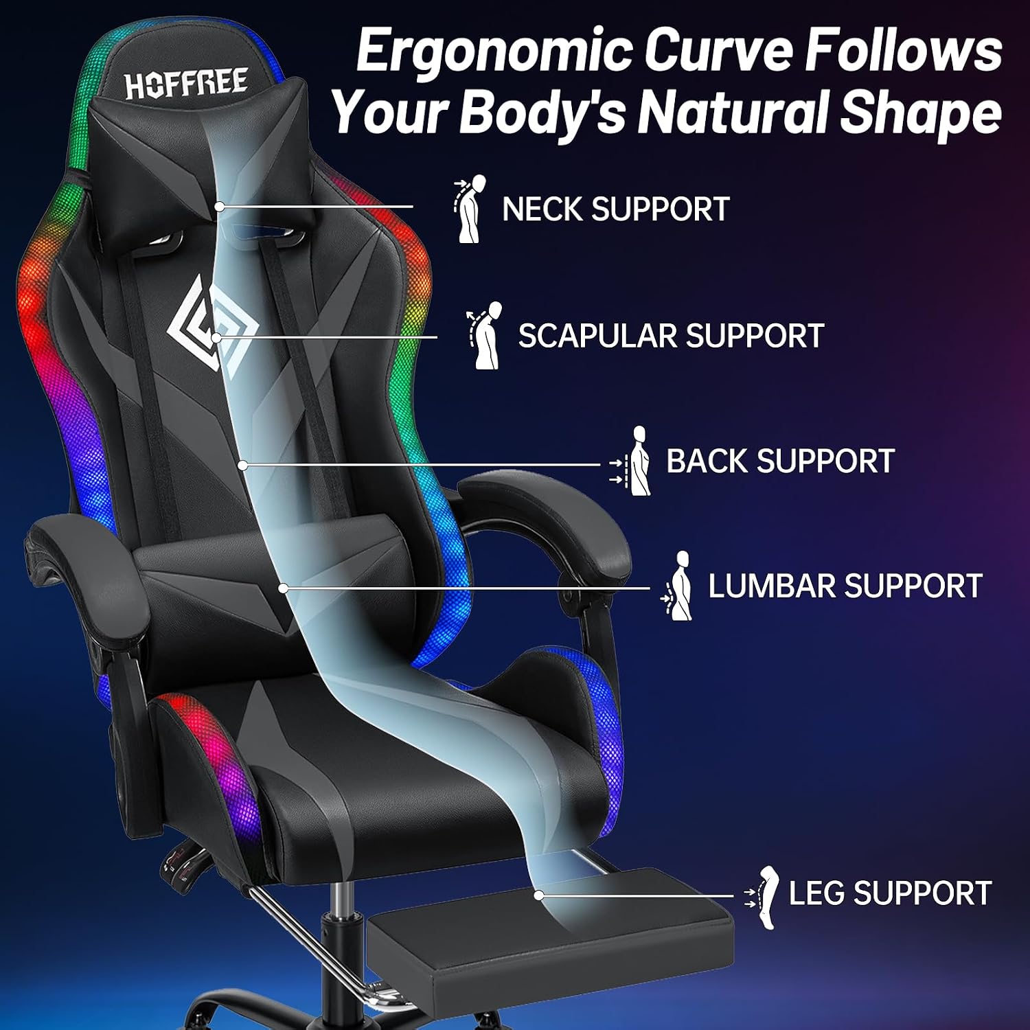 HOFFREE Gaming Chair Massage with Bluetooth Speakers and Led Lights Ergonomic Computer Gaming Chairs with Footrest RGB Video Game Chair with High Back Lumbar Support Grey and Black
