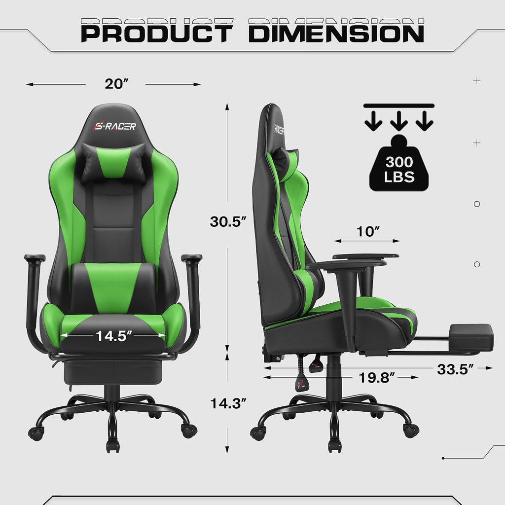 Homall Gaming Chairs, Computer Chair with Footrest and Massage Lumbar Support, Height Adjustable Game Chair with Headrest and Swivel Seat (Light Green)