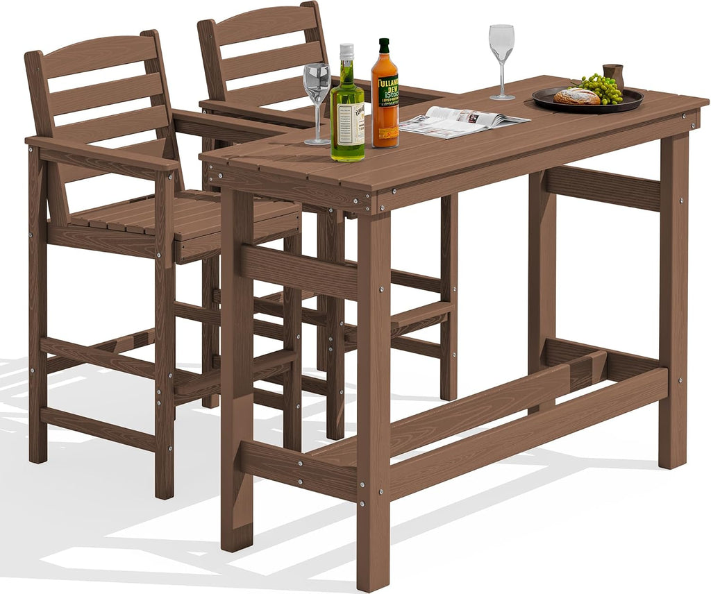 SERWALL Outdoor Bar Set - 2 Adirondack Bar Chairs & Bar Height Table with 1.6' Umbrella Hole, All-Weather HDPE Patio Furniture for Poolside, Backyard, Garden - Brown