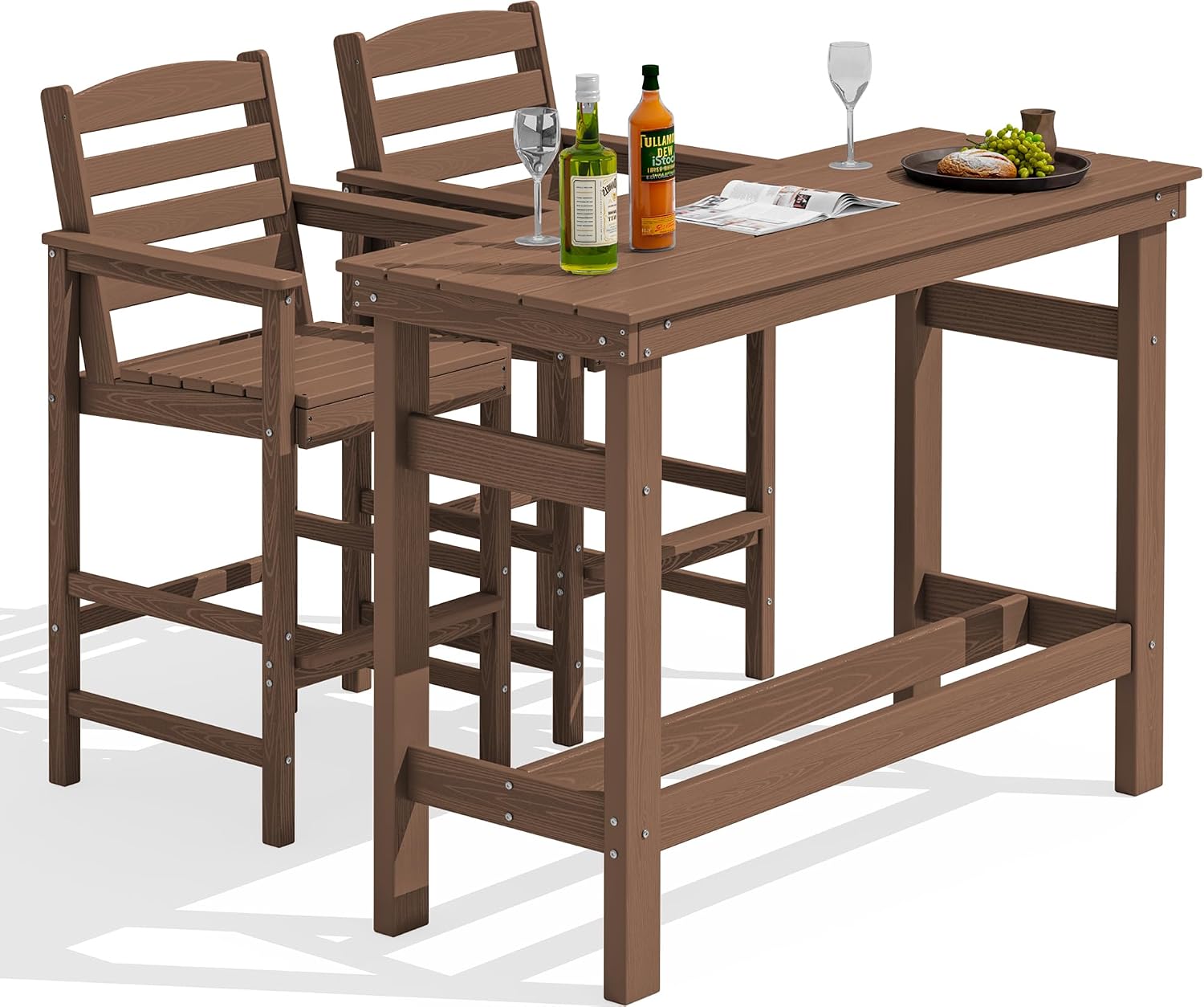 SERWALL Outdoor Bar Set - 2 Adirondack Bar Chairs & Bar Height Table with 1.6' Umbrella Hole, All-Weather HDPE Patio Furniture for Poolside, Backyard, Garden - Brown