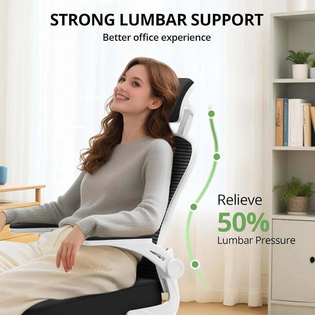 Office Chair Ergonomic Desk Chair, 330LBS Capacity, High Back Computer Design for Long Hours Comfort, Rolling Swivel Executive Task for Home Office with Flip-up Armrests(White Black)