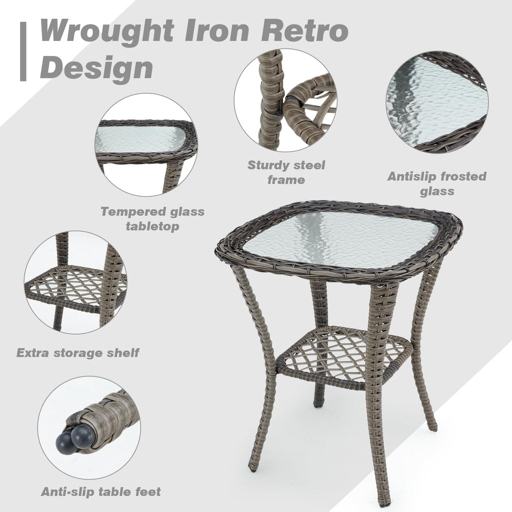 MELLCOM 5 Pieces Patio Furniture Set, Outdoor Swivel Rocker Patio Chairs with Ottomans, Wicker Conversation Set with Rocking Chair, Thickened Cushions, Glass Coffee Table for Backyard, Grey