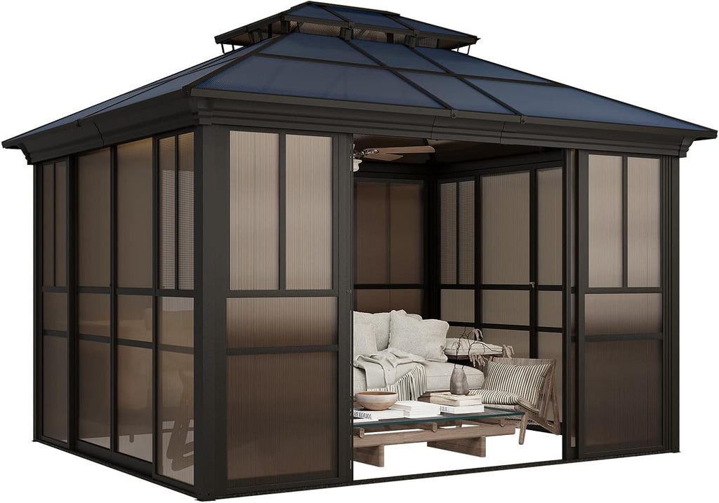 YOLENY 10x12 Sunroom Gazebo, Enclosed Outdoor Solarium with Tinted Polycarbonate Roof, 4 Lockable Sliding Doors & Aluminum Frame, Permanent Hardtop Patio Gazebo for Backyard