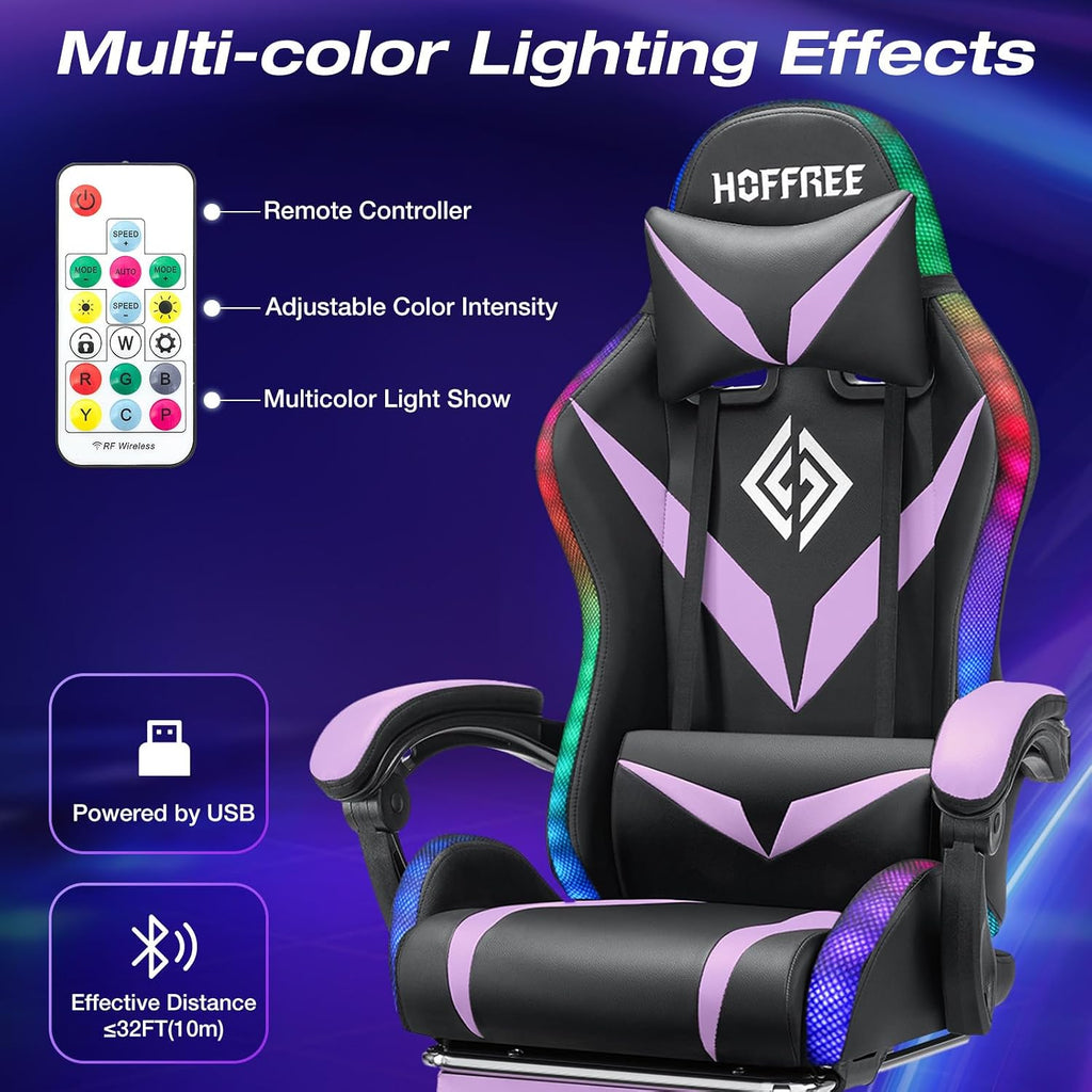 HOFFREE Gaming Chair with LED RGB Lights Massage Ergonomic Video Game Chairs with Footrest High Back Reclining Computer Chair with Adjustable Lumbar Support Purple and Black