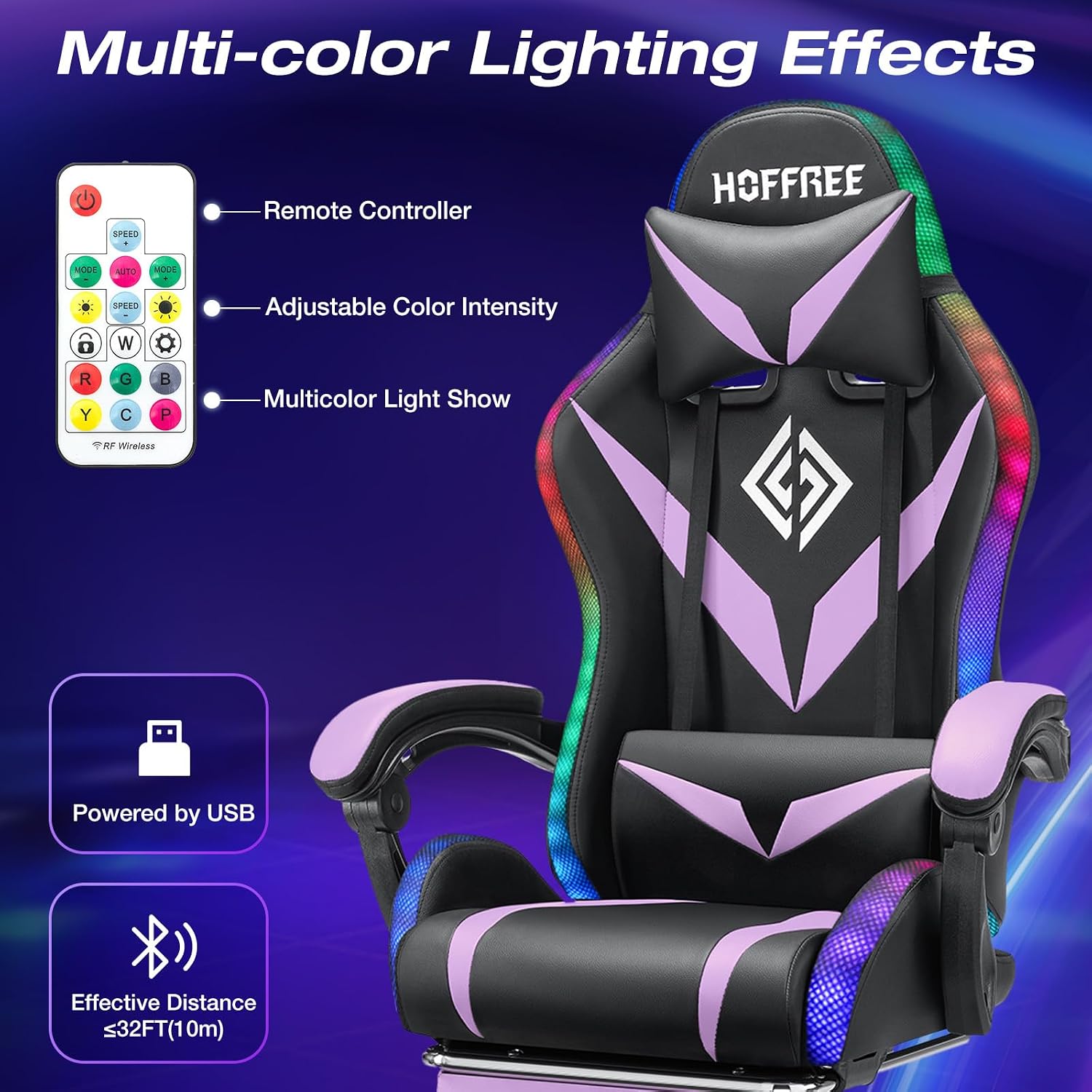 HOFFREE Gaming Chair with LED RGB Lights Massage Ergonomic Video Game Chairs with Footrest High Back Reclining Computer Chair with Adjustable Lumbar Support Purple and Black