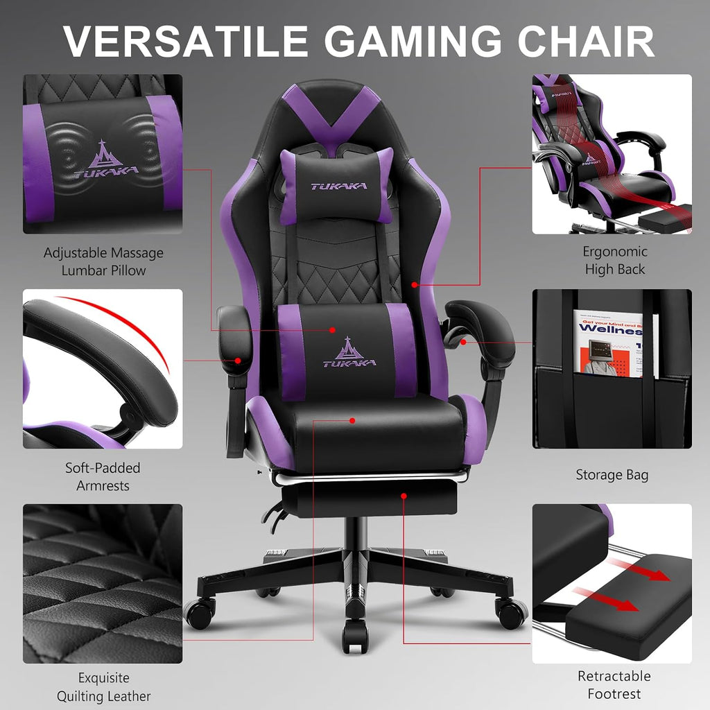 Gaming Chair,Ergonomic Massage Computer Office Desk Chair with Footrest,Pocket Spring Cushion,Reclining Leather Adjustable Gamer Chair with Headrest and Lumbar Support,Purple