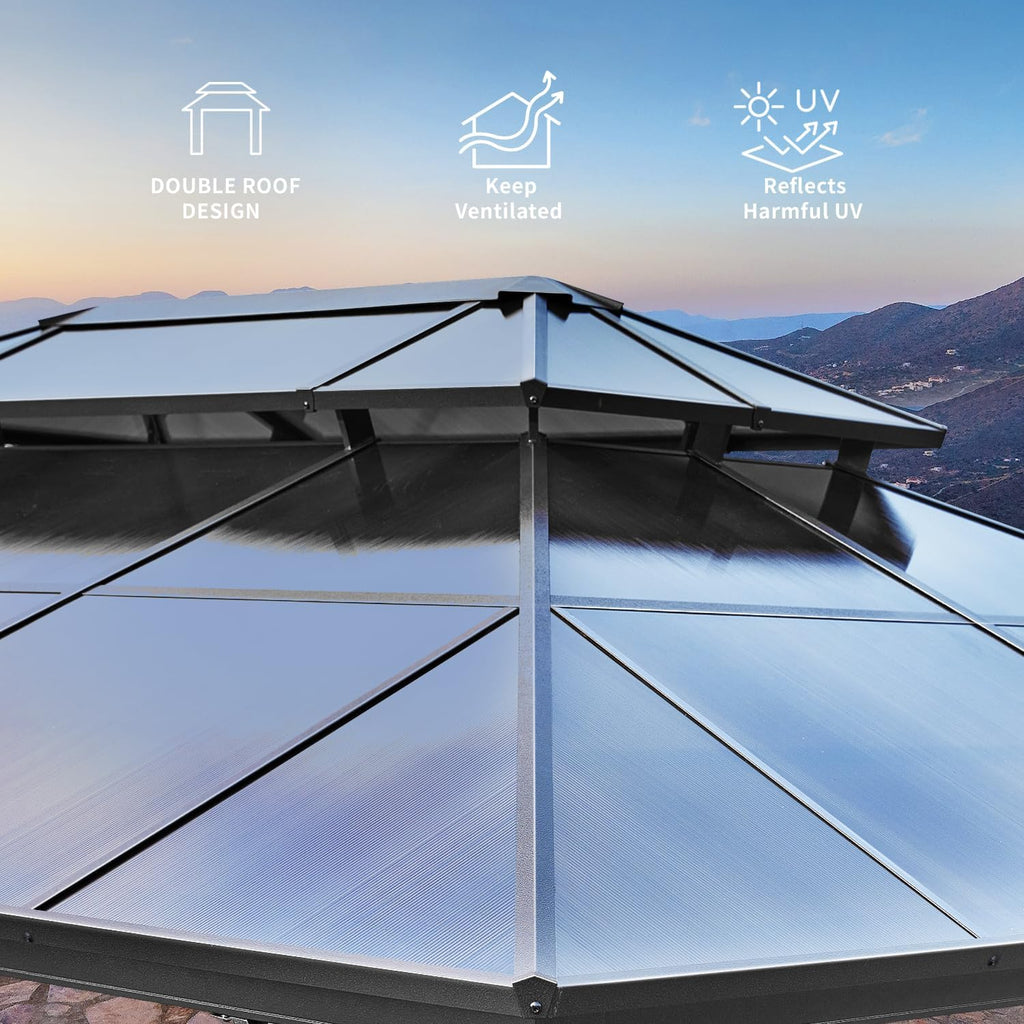 MELLCOM 12'x20' Hardtop Gazebo with Polycarbonate Double Roof, Aluminum Frame Outdoor Gazebo Permanent Pavilion with Curtains and Netting for Patio, Lawn & Garden