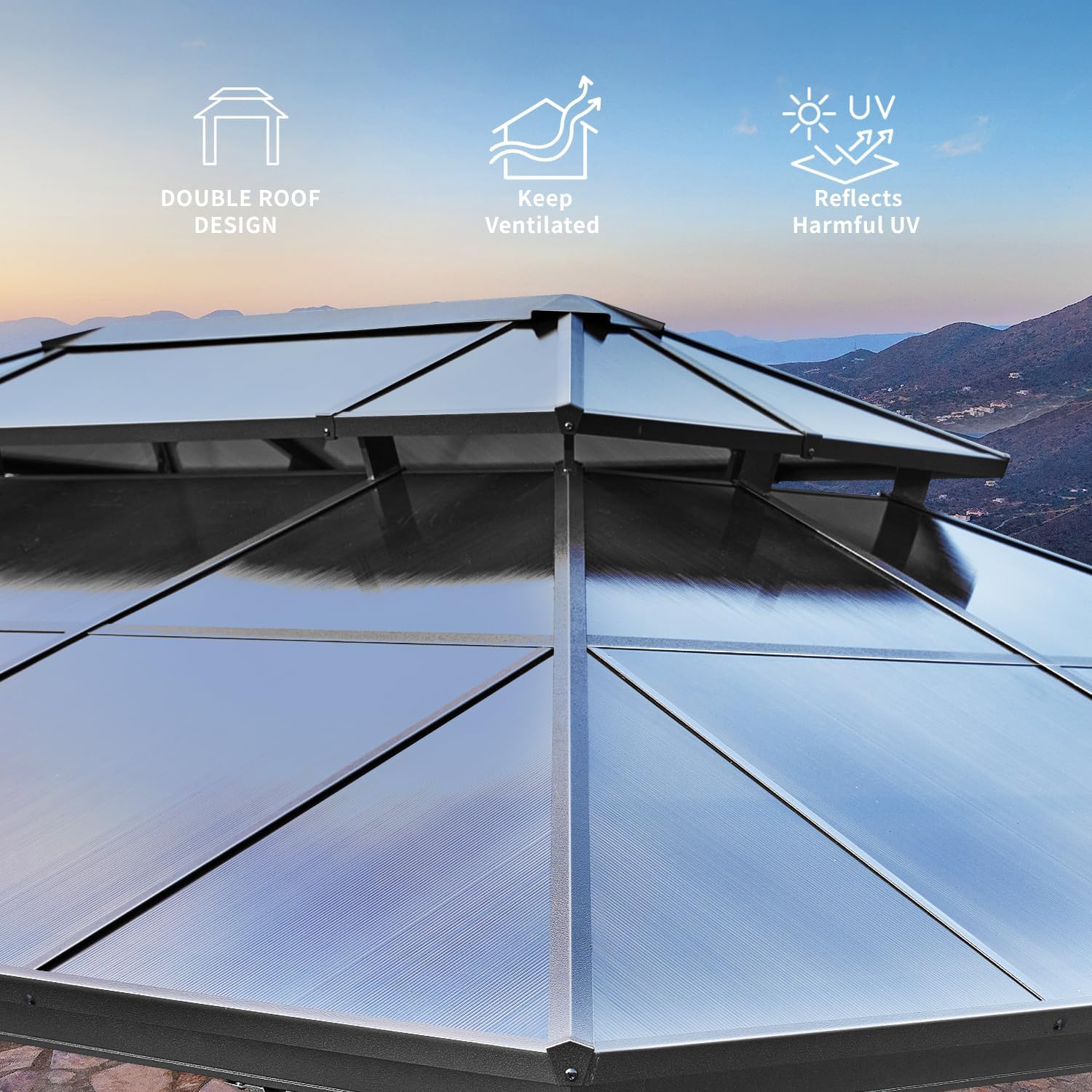 MELLCOM 12'x20' Hardtop Gazebo with Polycarbonate Double Roof, Aluminum Frame Outdoor Gazebo Permanent Pavilion with Curtains and Netting for Patio, Lawn & Garden