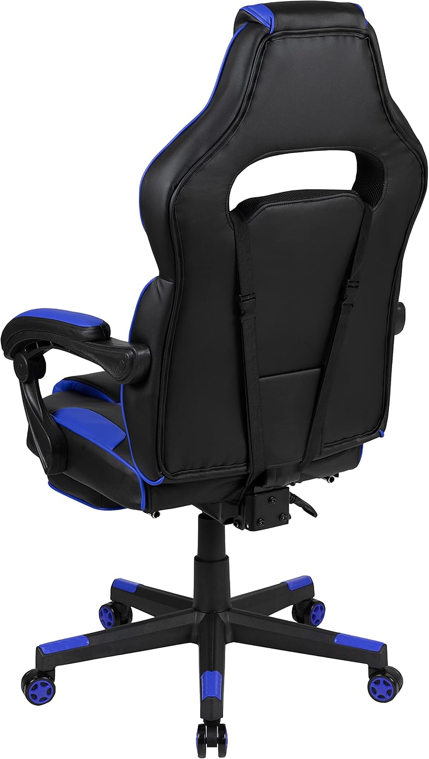 EMMA + OLIVER Black/Blue Ergonomic Gaming Chair -Recline Back/Arms, Footrest, Massaging Lumbar