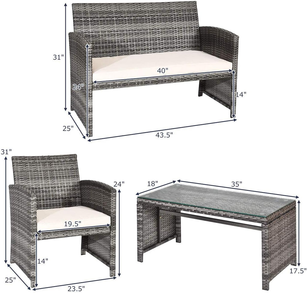 Giantex 4 Pc Rattan Patio Furniture Set Garden Lawn Sofa Cushioned Seat Mix Gray Wicker