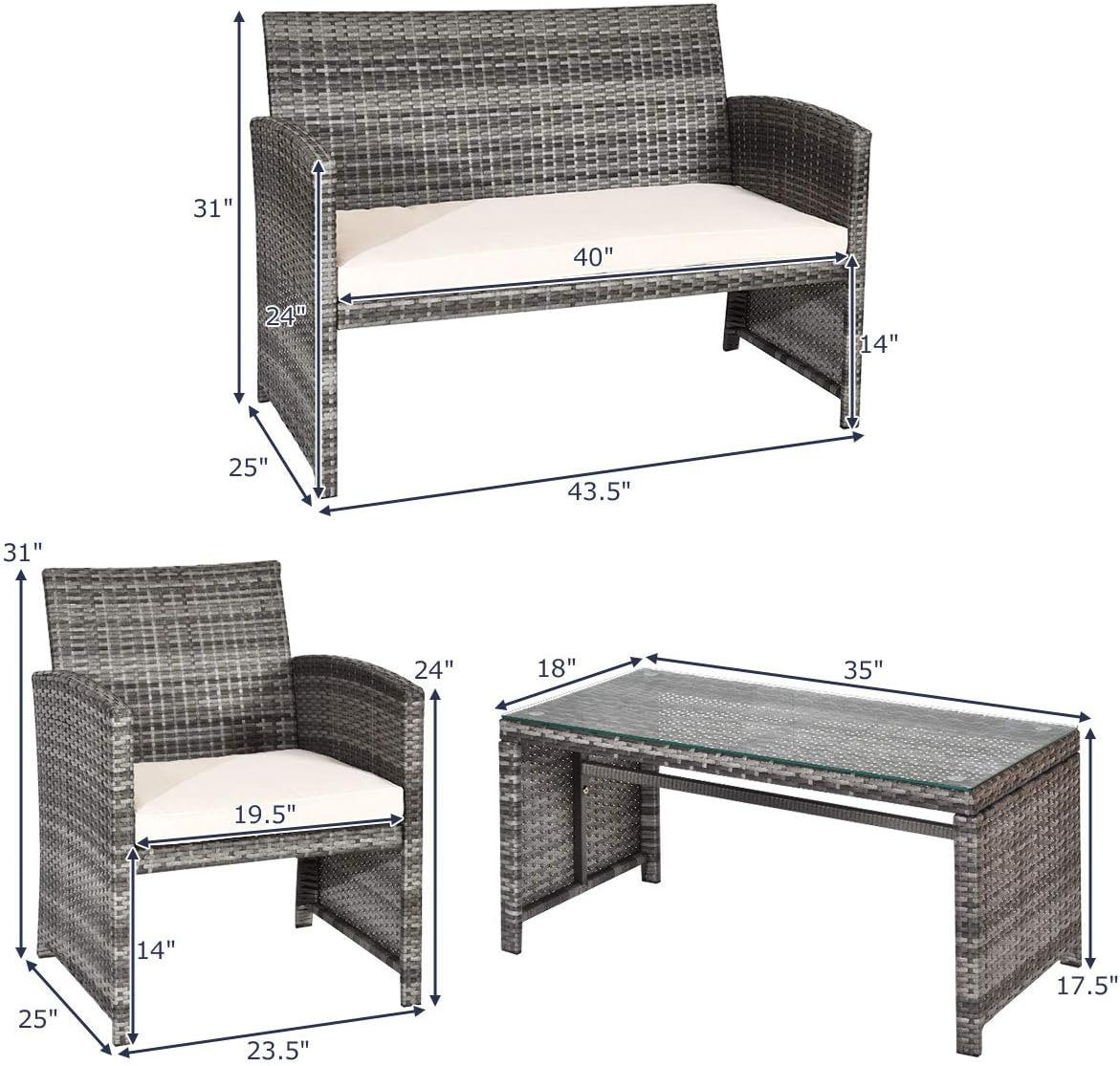 Giantex 4 Pc Rattan Patio Furniture Set Garden Lawn Sofa Cushioned Seat Mix Gray Wicker