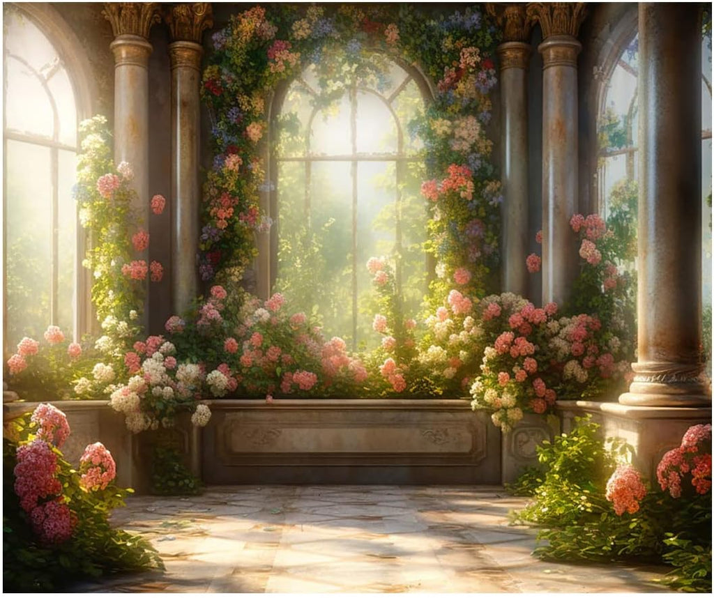 Kate 10x8ft Spring Pink Flowers Scenic Photography Backdrops Garden Pavilion Sunshine Floral Wall Photo Background Wedding Girls Birthday Party Backdrop Shooting