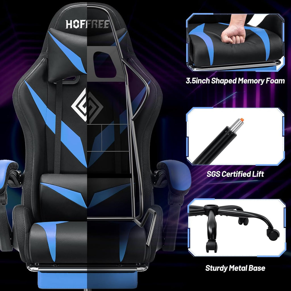 HOFFREE RGB Gaming Chair with Speakers and Massage Ergonomic Computer Chair with Lights and Footrest Reclining Video Game Chairs for Adults Blue and Black