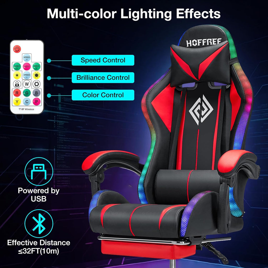 HOFFREE Gaming Chair Massage with LED RGB Lights and Footrest Ergonomic Computer Chair High Back Video Game Chair with Adjustable Lumbar Support Linkage Armrest Red and Black