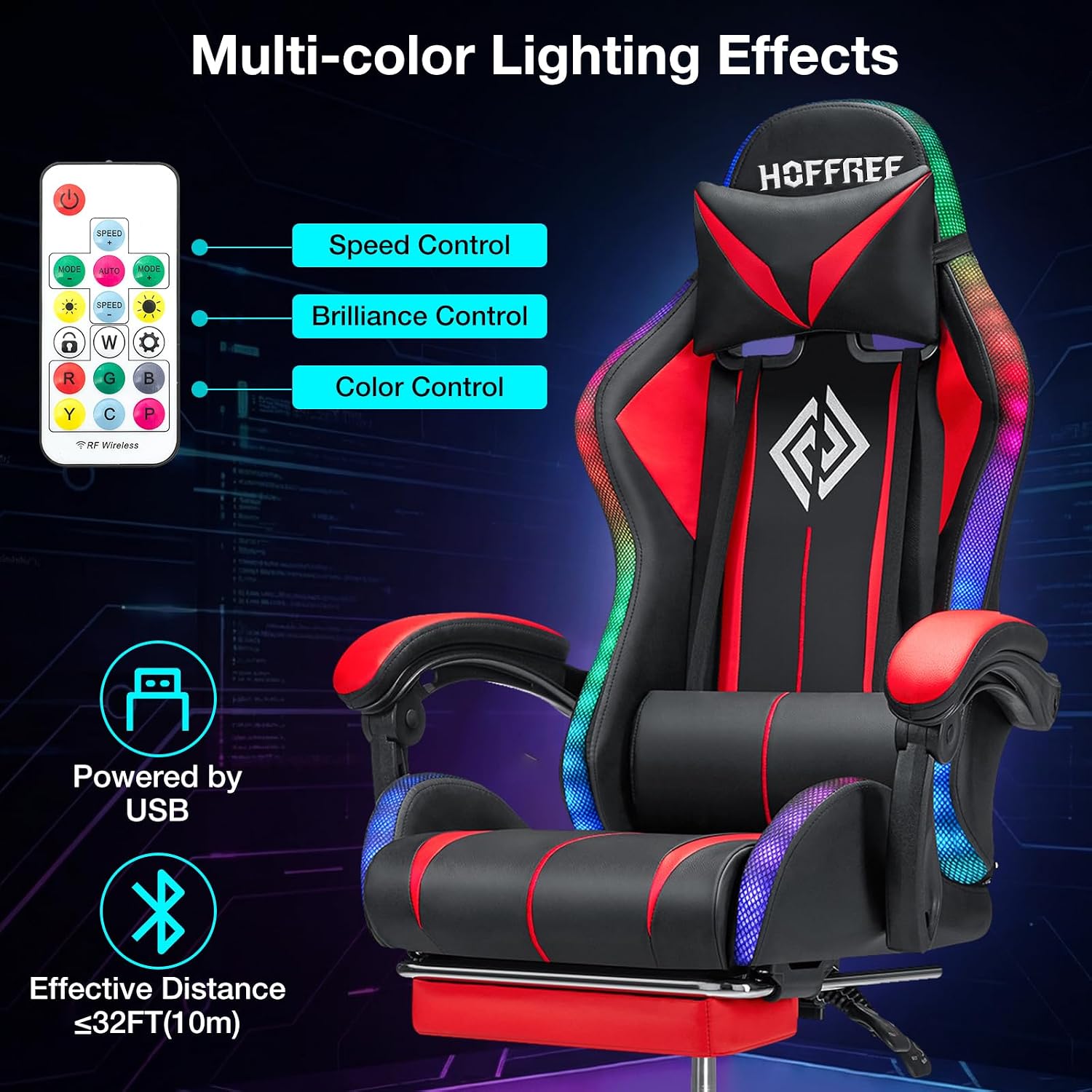 HOFFREE Gaming Chair Massage with LED RGB Lights and Footrest Ergonomic Computer Chair High Back Video Game Chair with Adjustable Lumbar Support Linkage Armrest Red and Black