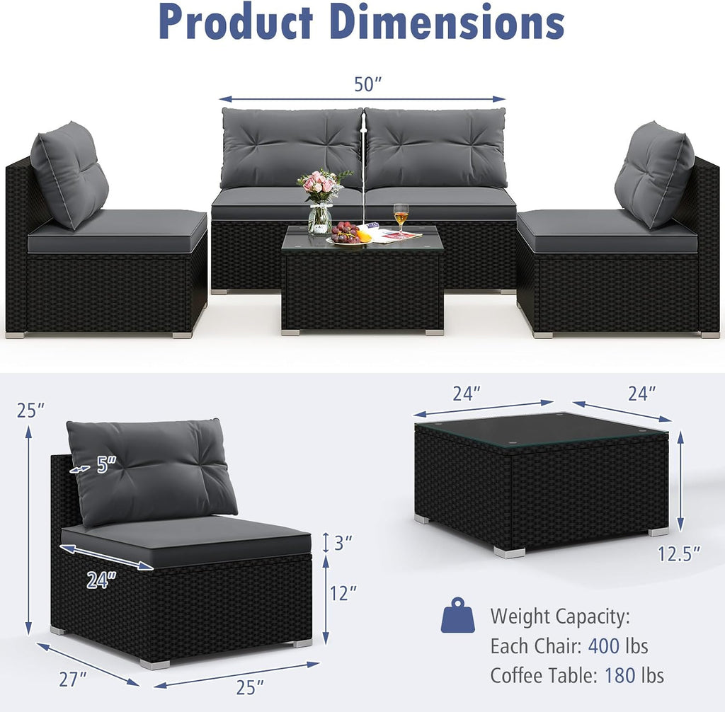 Tangkula 5 Piece Rattan Sofa Set, Outdoor Wicker Furniture Set w/Seat & Back Cushions, Square Coffee Table, Patio Sectional Sofa Set for Backyard, Poolside, Garden (Grey)